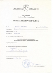 2001 Zaświadczenie ukończenia kursu języka niemieckiego dla obcokrajowców - Trening w kominikowaniu się