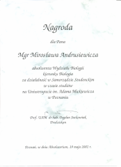 2002 Nagroda za działalność w samorządzie Studentów wydziału Biologii UAM