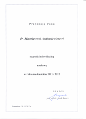 2012 Indywidualna nagroda naukowa Rektora UMP