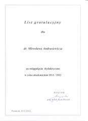 2012 List gratulacyjny za działalność dydaktyczną