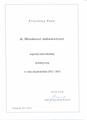 2013 Indywidualna nagroda dydaktyczna Rektora UMP