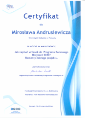 2014 Certyfikat udziału w warsztatach dotyczących wniosków do Programu Ramowego Horyzont 2020