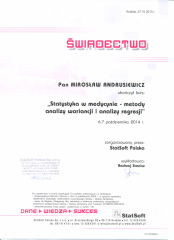 2014 Świadectwo ukończenia kursu Statystyka w medycynie - metody analizy wariancji i regresji