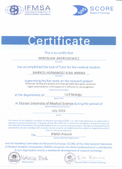 2015 Certyfikat opiekuna studenta w ramach współpracy z International Fedreation of Medical Students' Associacion