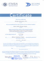 2015 Certyfikat opiekuna studenta w ramach współpracy z International Fedreation of Medical Students' Associacion