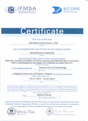 2015 Certyfikat opiekuna studenta w ramach współpracy z International Fedreation of Medical Students' Associacion